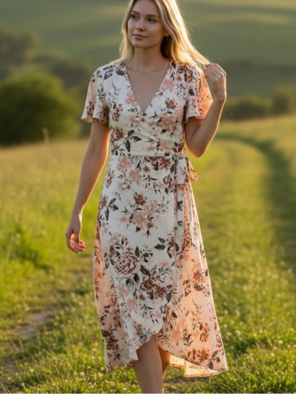 Floral Wrap Dress in Blush and Cream